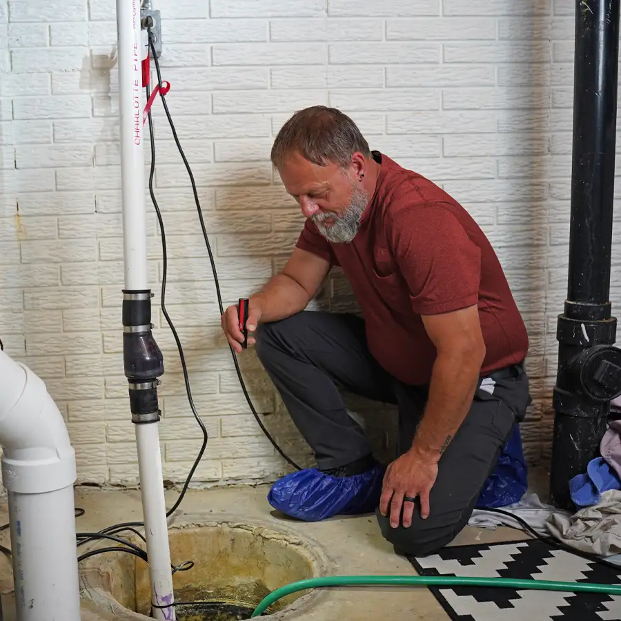 Plumber Looking down a sump pump with a flashlight