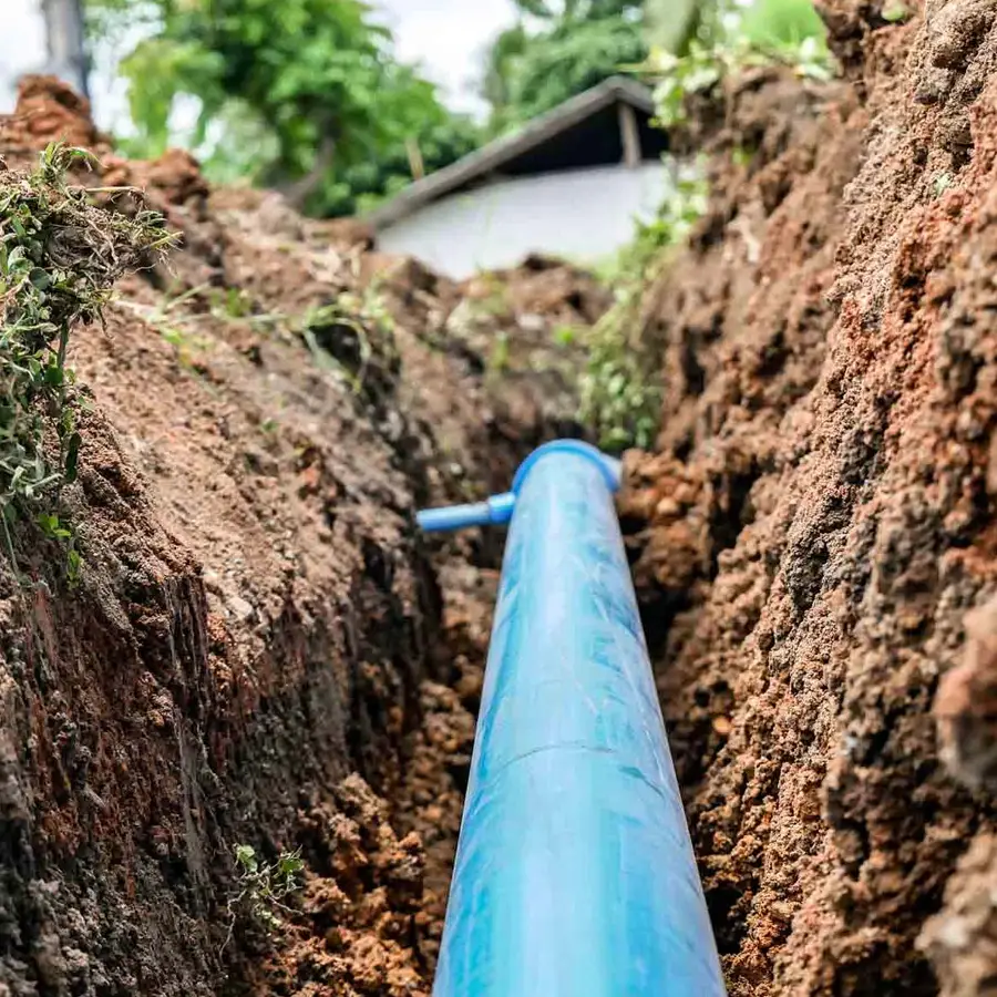 Water line in a dug out trench